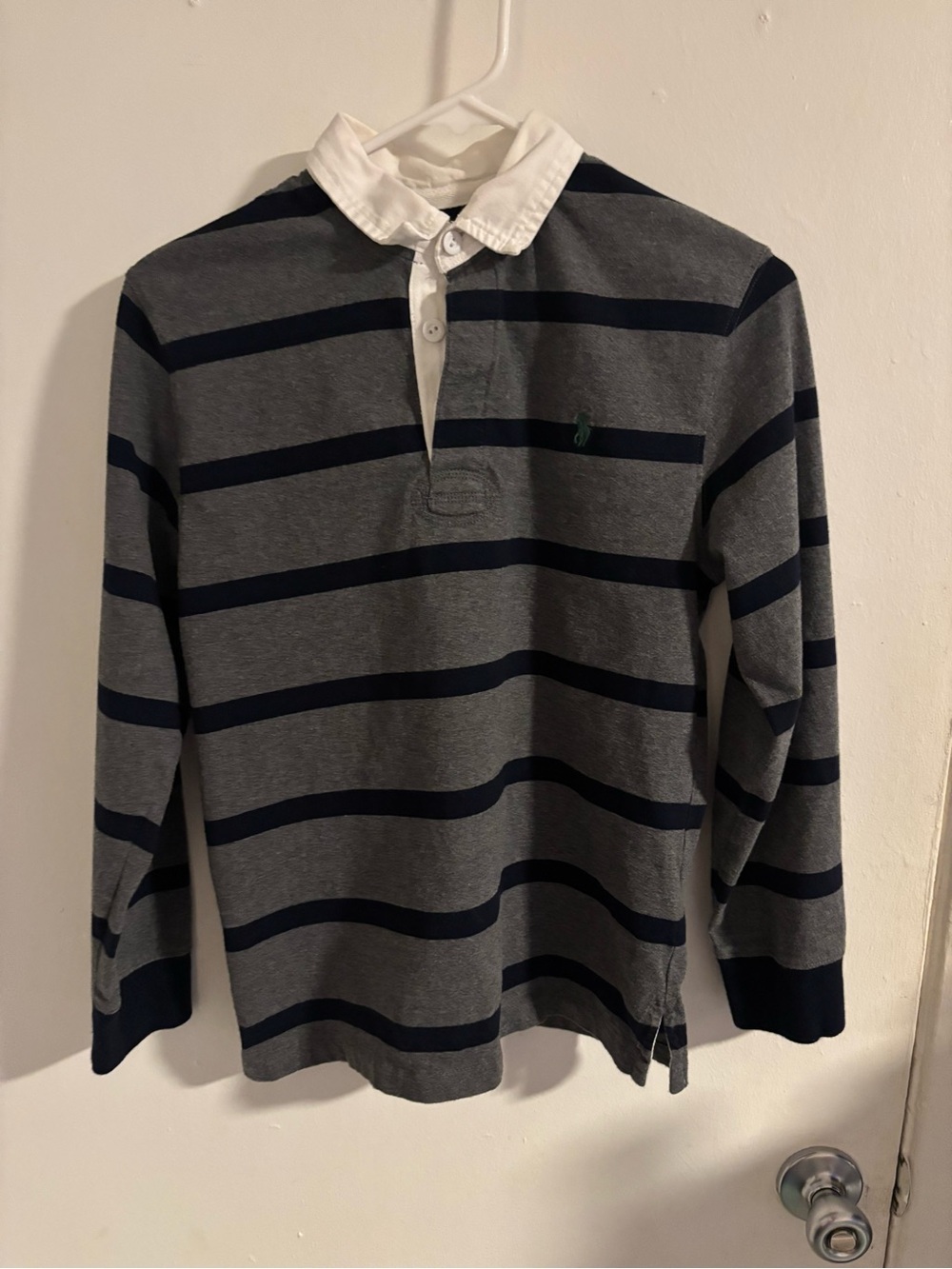 Polo Ralph Lauren Boys Gray Navy Striped Long Sleeve Rugby Shirt L 14-16
